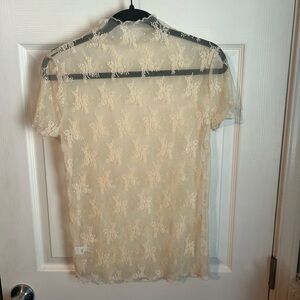 Zenana Outfitters Sheer Floral Lace Short Sleeve Top - Cream